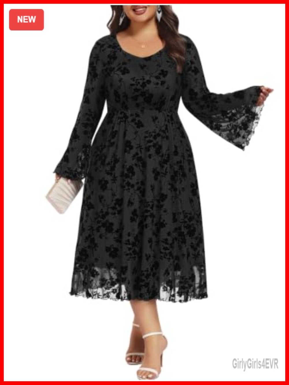 Plus Size Floral Midi Dress Long Bell Sleeve V-Neck A-Line Formal